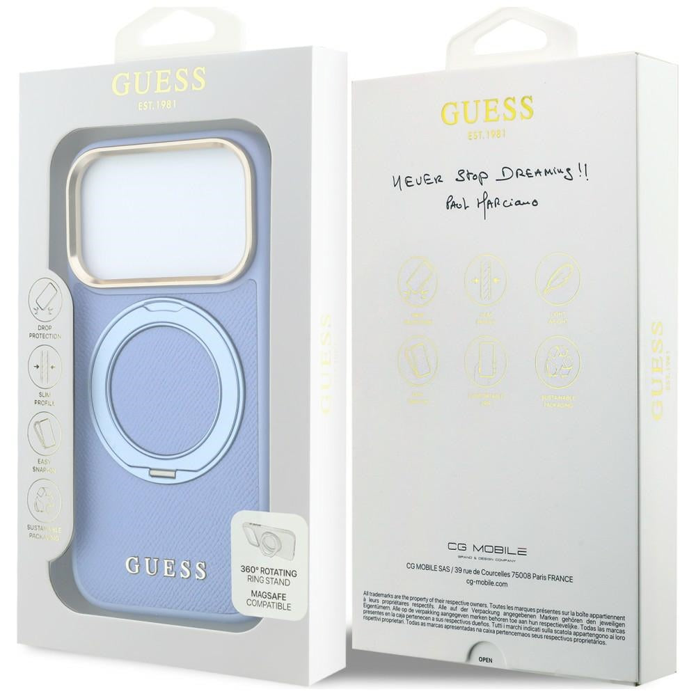 MagSafe Case for Apple iPhone 18 Pro / 17 Pro, Guess, Grained Ring Stand 360 Classic, Blue