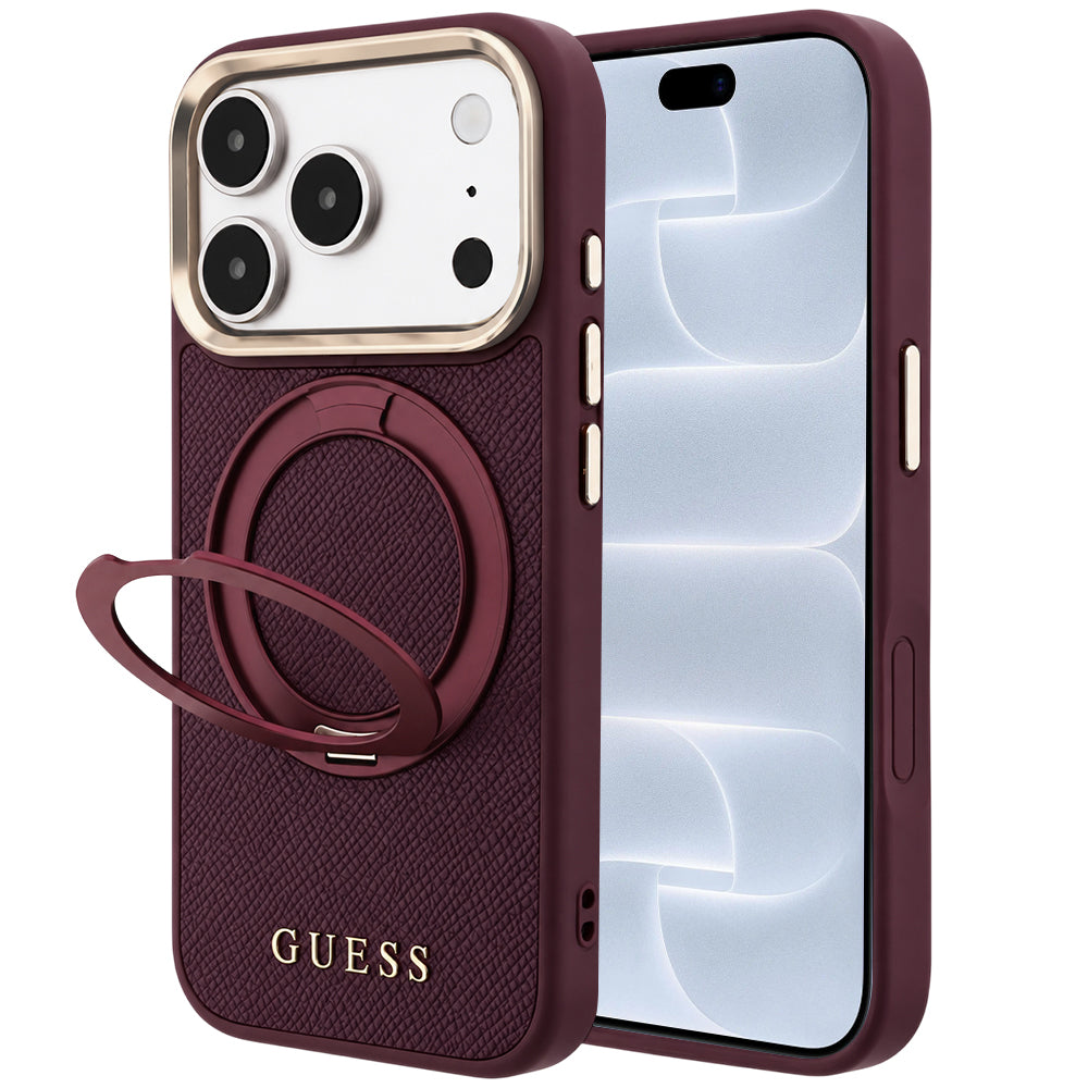 Θήκη MagSafe για Apple iPhone 18 Pro / 17 Pro, Guess, Grained Ring Stand 360 Classic, Μπορντό