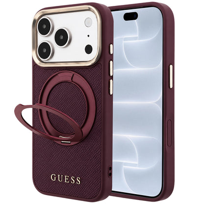 Θήκη MagSafe για Apple iPhone 18 Pro / 17 Pro, Guess, Grained Ring Stand 360 Classic, Μπορντό