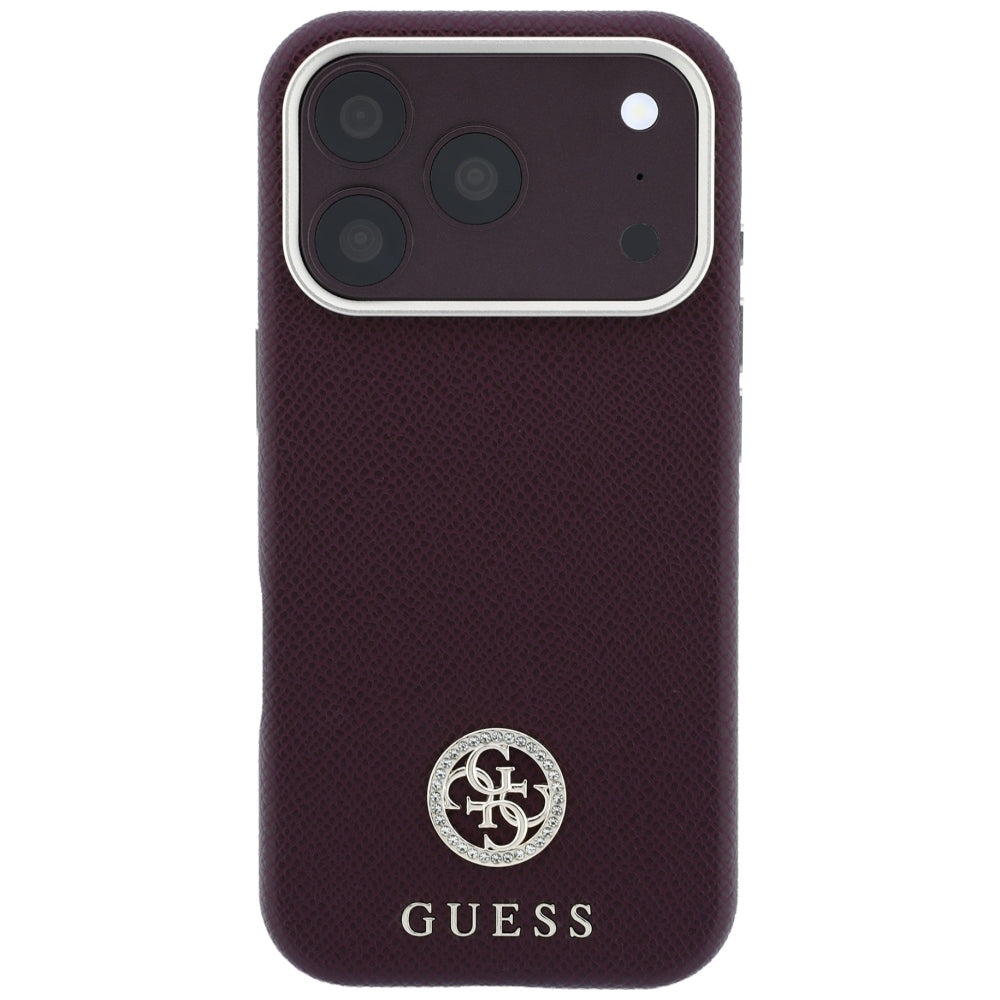Θήκη MagSafe για Apple iPhone 18 Pro / 17 Pro, Guess, με στρογγυλό ανάγλυφο λογότυπο στρας, Βυσσινί