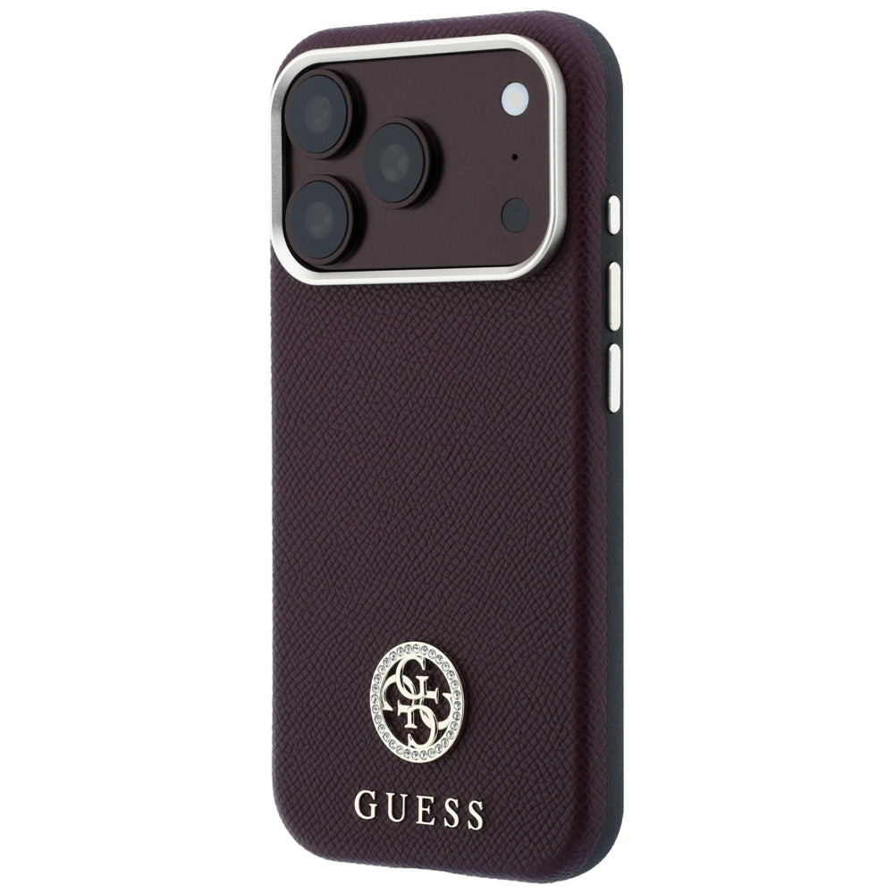 Θήκη MagSafe για Apple iPhone 18 Pro / 17 Pro, Guess, με στρογγυλό ανάγλυφο λογότυπο στρας, Βυσσινί
