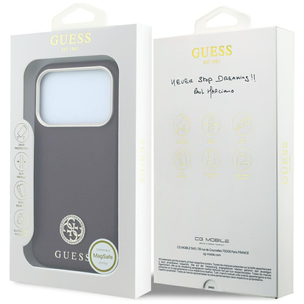 Θήκη MagSafe για Apple iPhone 18 Pro / 17 Pro, Guess, με στρογγυλό ανάγλυφο λογότυπο στρας, Βυσσινί