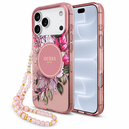 Θήκη MagSafe για Apple iPhone 18 Pro / 17 Pro, Guess, IML Flowers with Pearl Strap, Ροζ