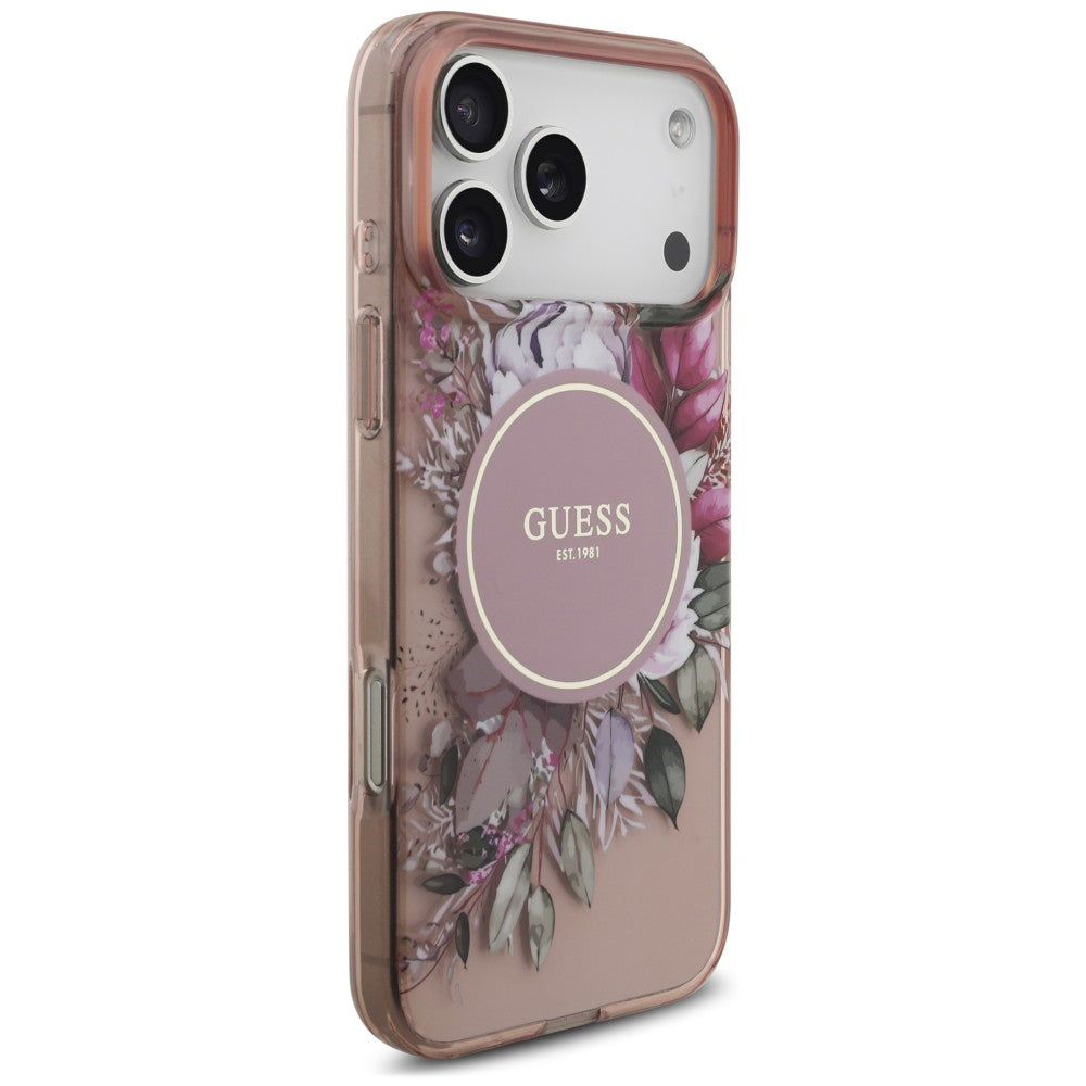 Θήκη MagSafe για Apple iPhone 18 Pro / 17 Pro, Guess, IML Flowers with Pearl Strap, Ροζ