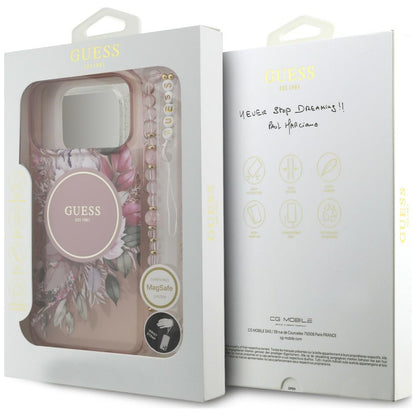 Θήκη MagSafe για Apple iPhone 18 Pro / 17 Pro, Guess, IML Flowers with Pearl Strap, Ροζ