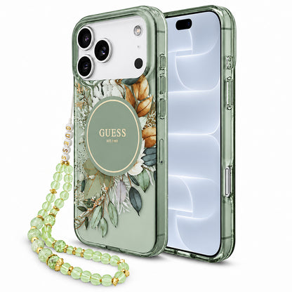 Θήκη MagSafe για Apple iPhone 18 Pro / 17 Pro, Guess, IML Flowers with Pearl Strap, Πράσινη
