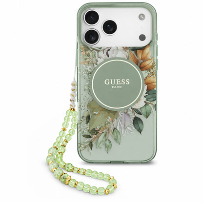Θήκη MagSafe για Apple iPhone 18 Pro / 17 Pro, Guess, IML Flowers with Pearl Strap, Πράσινη