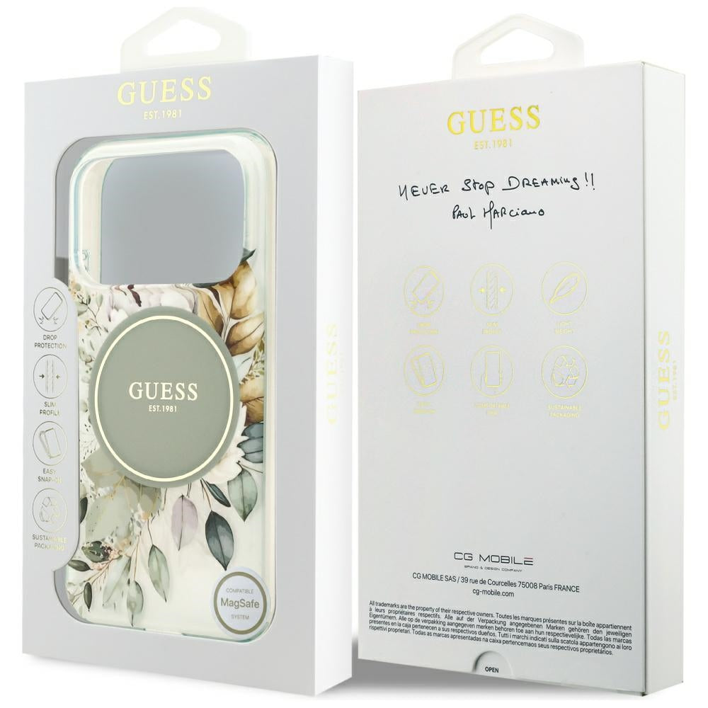 Θήκη MagSafe για Apple iPhone 18 Pro / 17 Pro, Guess, IML Flowers with Pearl Strap, Πράσινη