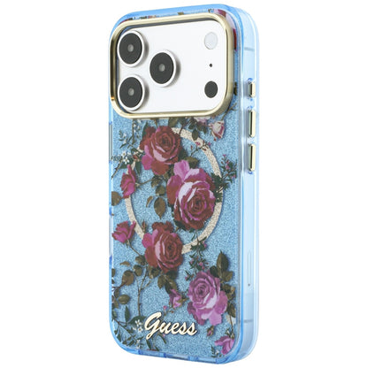 Θήκη MagSafe για Apple iPhone 18 Pro / 17 Pro, Guess, IML Glitter Blossom Roses, Bleu
