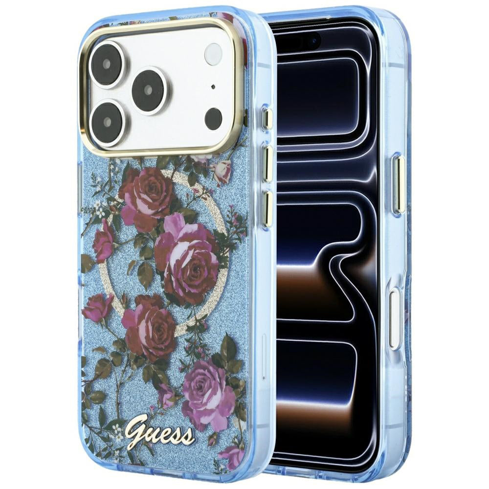 Θήκη MagSafe για Apple iPhone 18 Pro / 17 Pro, Guess, IML Glitter Blossom Roses, Bleu
