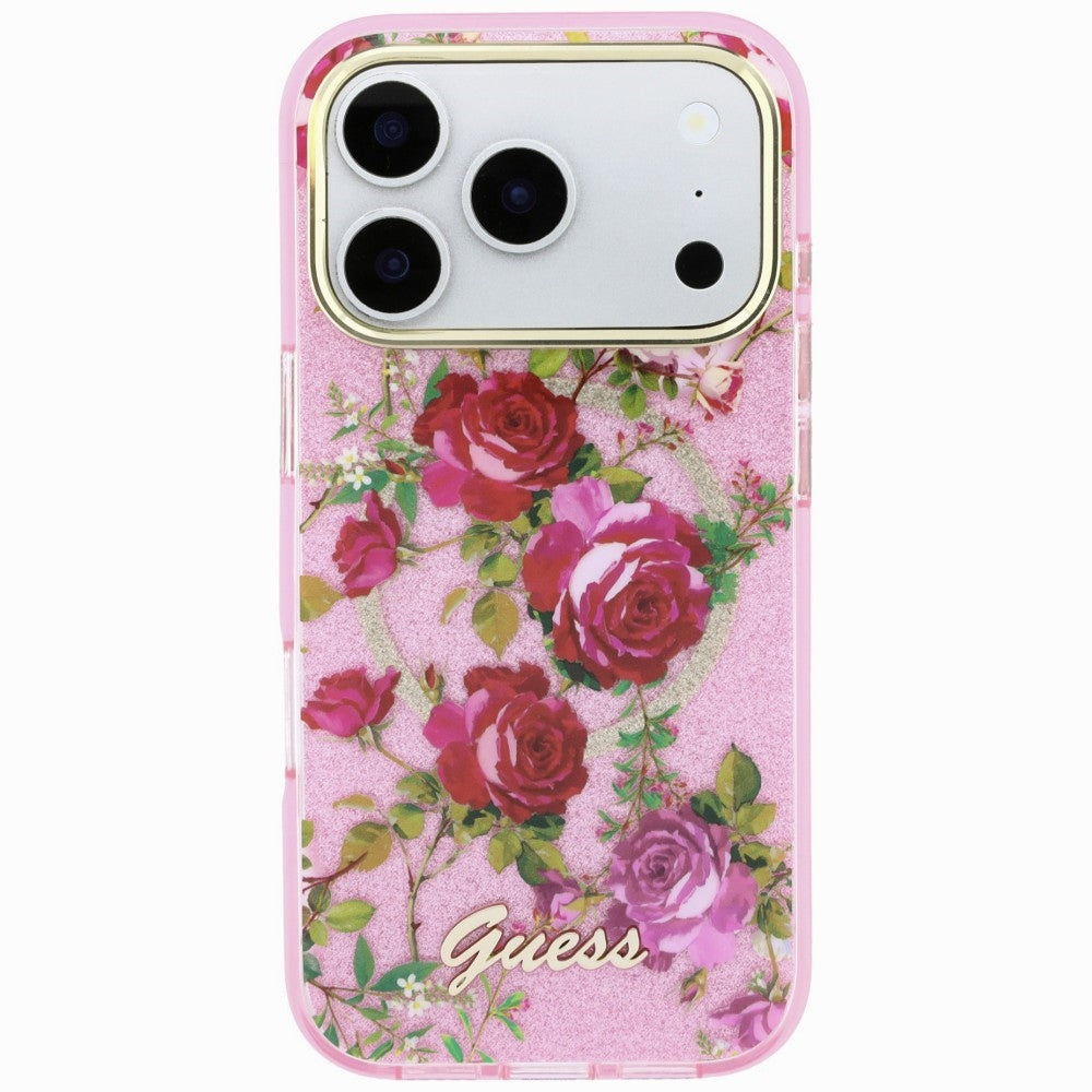 MagSafe Case for Apple iPhone 18 Pro / 17 Pro, Guess, IML Glitter Blossom Roses, Pink
