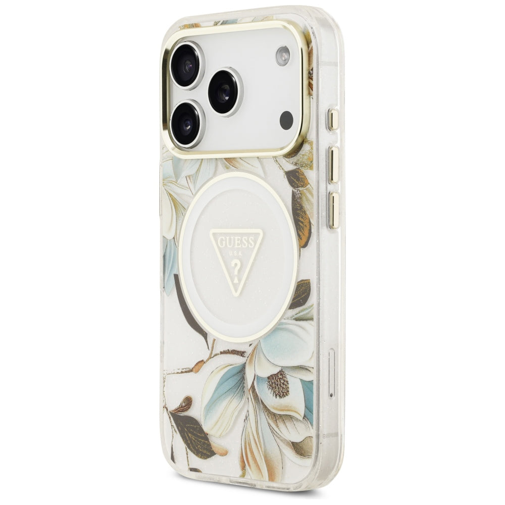 Θήκη MagSafe για Apple iPhone 18 Pro / 17 Pro, Guess, IML Metal Glitter Flowers Triangle, Λευκό