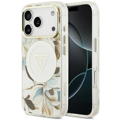 Θήκη MagSafe για Apple iPhone 18 Pro / 17 Pro, Guess, IML Metal Glitter Flowers Triangle, Λευκό
