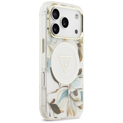Θήκη MagSafe για Apple iPhone 18 Pro / 17 Pro, Guess, IML Metal Glitter Flowers Triangle, Λευκό
