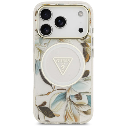 Θήκη MagSafe για Apple iPhone 18 Pro / 17 Pro, Guess, IML Metal Glitter Flowers Triangle, Λευκό