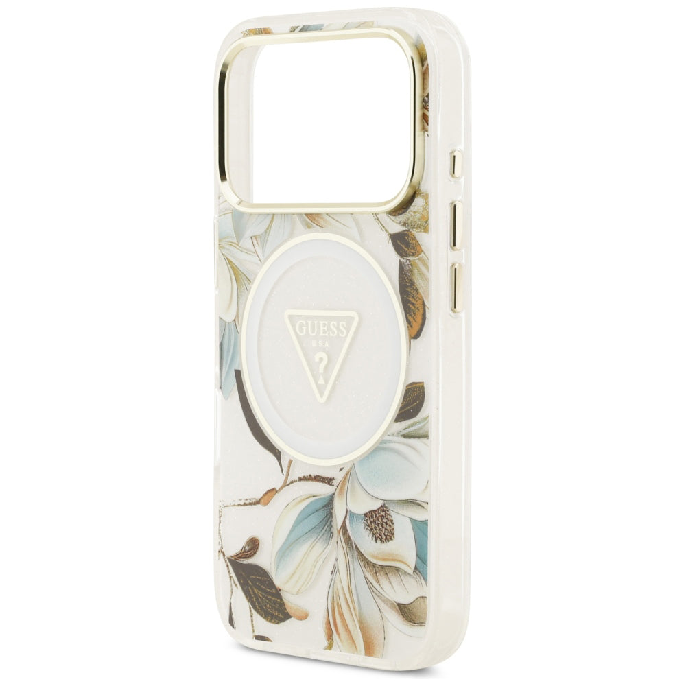 Θήκη MagSafe για Apple iPhone 18 Pro / 17 Pro, Guess, IML Metal Glitter Flowers Triangle, Λευκό