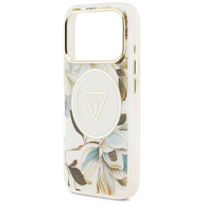 Θήκη MagSafe για Apple iPhone 18 Pro / 17 Pro, Guess, IML Metal Glitter Flowers Triangle, Λευκό