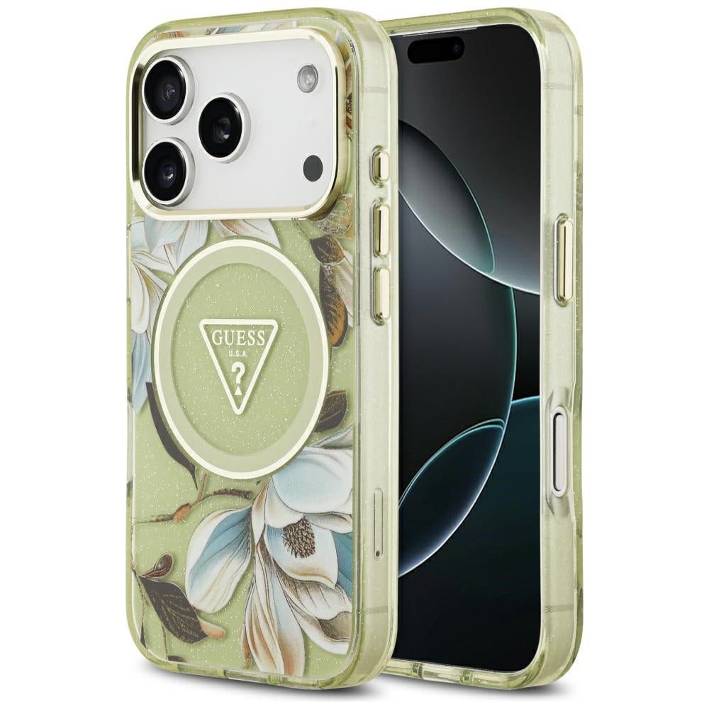 Θήκη MagSafe για Apple iPhone 18 Pro / 17 Pro, Guess, IML Metal Glitter Flowers Triangle, Πράσινο