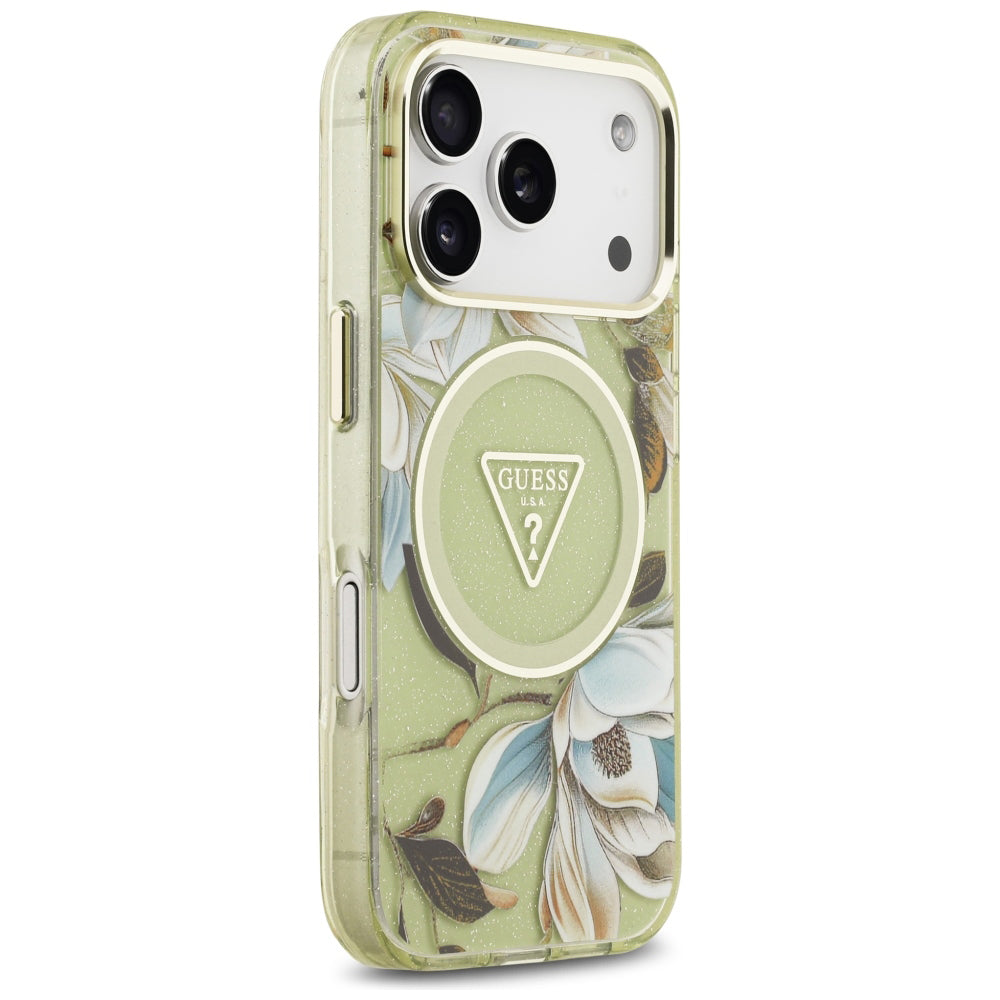 Θήκη MagSafe για Apple iPhone 18 Pro / 17 Pro, Guess, IML Metal Glitter Flowers Triangle, Πράσινο
