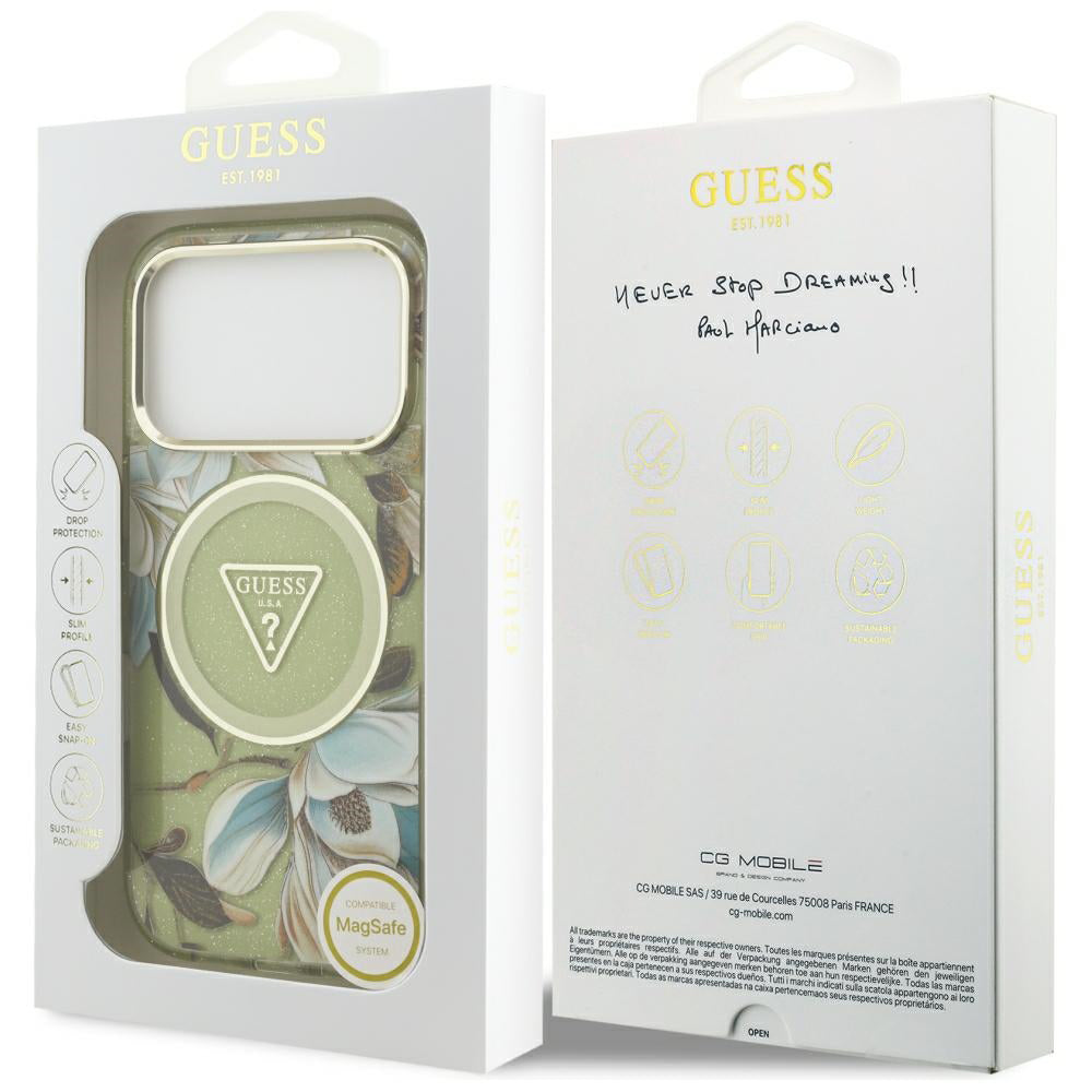 Θήκη MagSafe για Apple iPhone 18 Pro / 17 Pro, Guess, IML Metal Glitter Flowers Triangle, Πράσινο