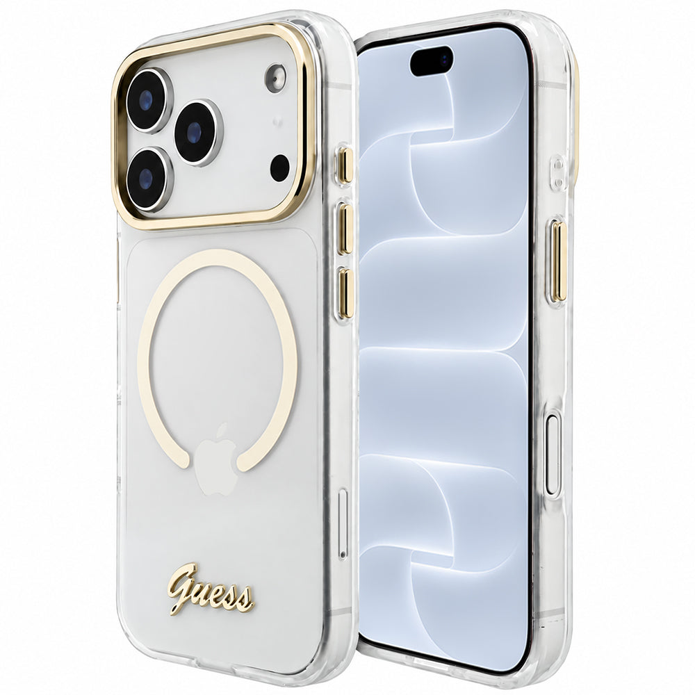 Θήκη MagSafe για Apple iPhone 18 Pro / 17 Pro, Guess, IML Script Metal, διάφανη