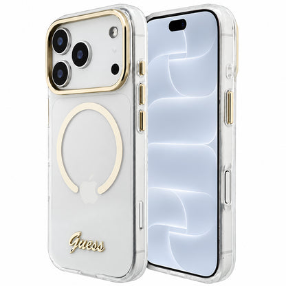 Θήκη MagSafe για Apple iPhone 18 Pro / 17 Pro, Guess, IML Script Metal, διάφανη