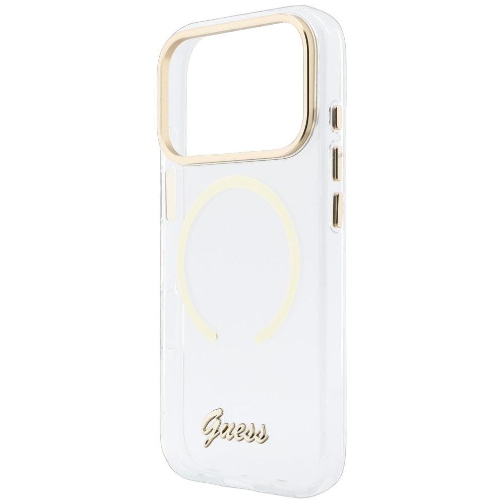 Θήκη MagSafe για Apple iPhone 18 Pro / 17 Pro, Guess, IML Script Metal, διάφανη