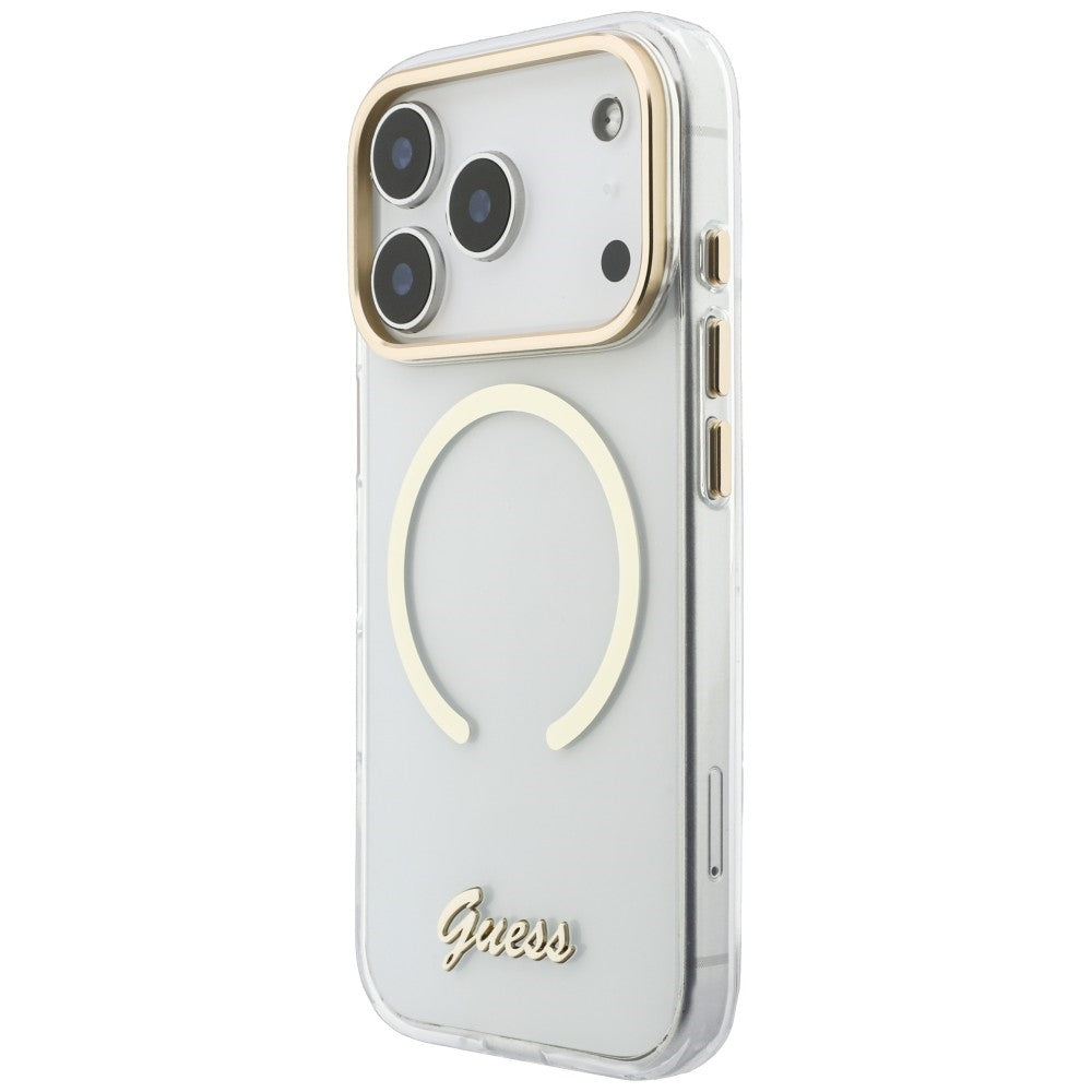 Θήκη MagSafe για Apple iPhone 18 Pro / 17 Pro, Guess, IML Script Metal, διάφανη