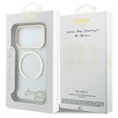 Θήκη MagSafe για Apple iPhone 18 Pro / 17 Pro, Guess, IML Script Metal, διάφανη