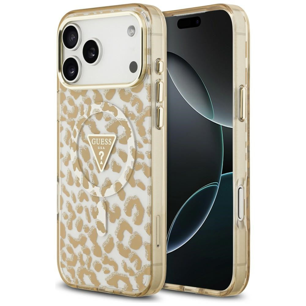 Θήκη MagSafe για Apple iPhone 18 Pro / 17 Pro, Guess, Λογότυπο Τρίγωνο με Λάμψη Λεοπάρ, Καφέ
