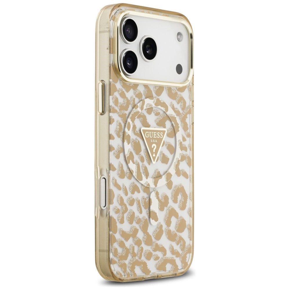 Θήκη MagSafe για Apple iPhone 18 Pro / 17 Pro, Guess, Λογότυπο Τρίγωνο με Λάμψη Λεοπάρ, Καφέ