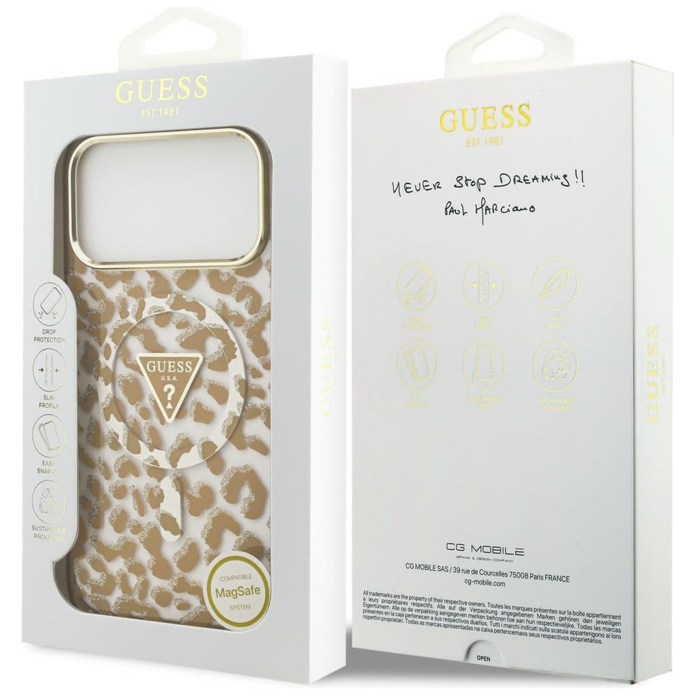 Θήκη MagSafe για Apple iPhone 18 Pro / 17 Pro, Guess, Λογότυπο Τρίγωνο με Λάμψη Λεοπάρ, Καφέ