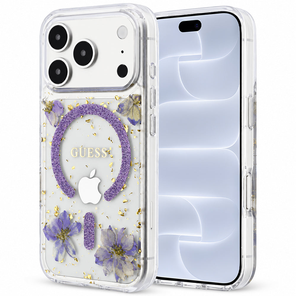 MagSafe Case for Apple iPhone 18 Pro / 17 Pro, Guess, Resin Flowers and Glitter, Purple