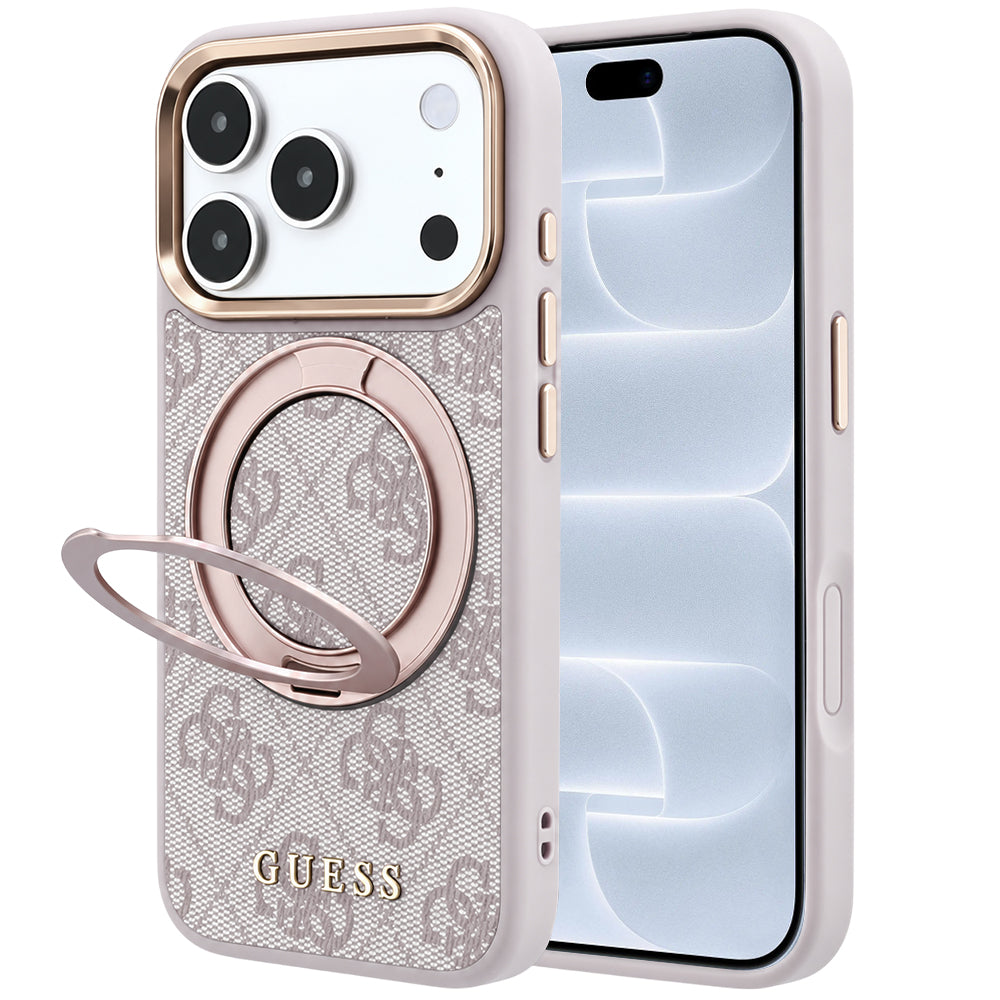Θήκη MagSafe για Apple iPhone 18 Pro / 17 Pro, Guess, Ring Stand 360 4G Classic Logo, Ροζ