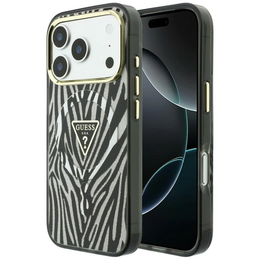 Θήκη MagSafe για Apple iPhone 18 Pro / 17 Pro, Guess, Zebra Glitter Triangle Logo, Ασημί