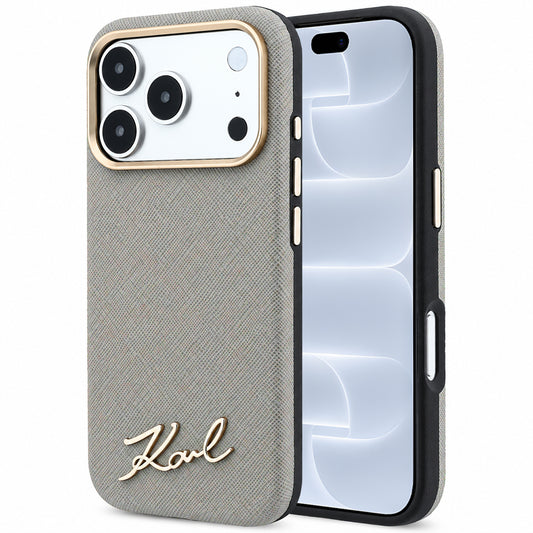 Θήκη MagSafe για Apple iPhone 18 Pro / 17 Pro, Karl Lagerfeld, Saffiano Small Script Metal Logo, Γκρι Μπεζ