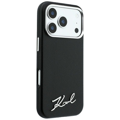 MagSafe Case for Apple iPhone 18 Pro / 17 Pro, Karl Lagerfeld, Saffiano Small Script Metal Logo, Black