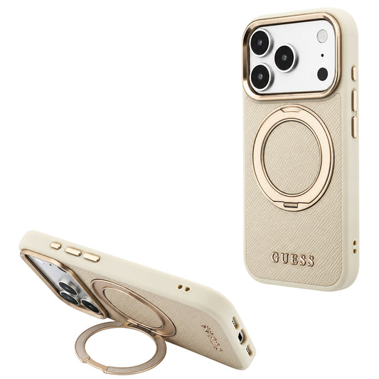 Θήκη MagSafe για Apple iPhone 18 Pro Max / 17 Pro Max, Guess, Grained Ring Stand 360 Classic, Μπεζ