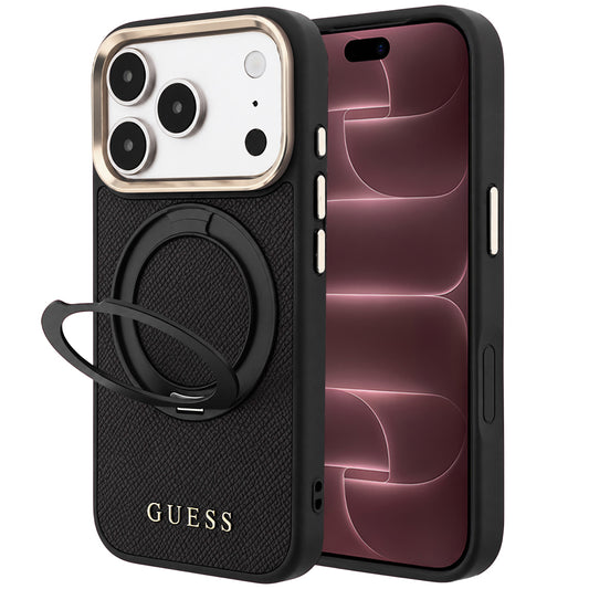 Θήκη MagSafe για Apple iPhone 18 Pro Max / 17 Pro Max, Guess, Grained Ring Stand 360 Classic, Μαύρη