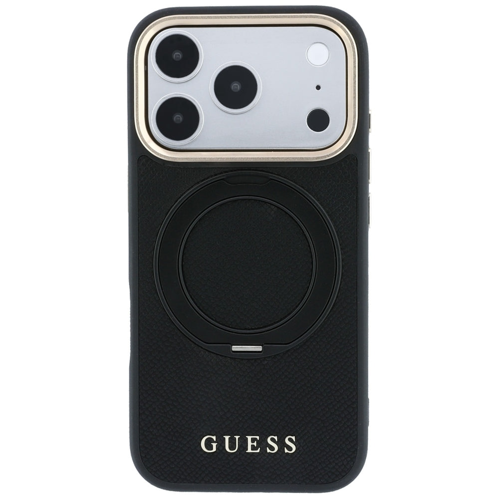 MagSafe Case for Apple iPhone 18 Pro Max / 17 Pro Max, Guess, Grained Ring Stand 360 Classic, Black
