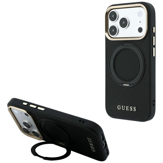 Θήκη MagSafe για Apple iPhone 18 Pro Max / 17 Pro Max, Guess, Grained Ring Stand 360 Classic, Μαύρη