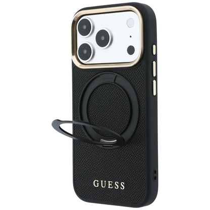 MagSafe Case for Apple iPhone 18 Pro Max / 17 Pro Max, Guess, Grained Ring Stand 360 Classic, Black