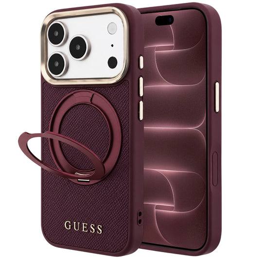 Θήκη MagSafe για Apple iPhone 18 Pro Max / 17 Pro Max, Guess, Grained Ring Stand 360 Classic, Βυσσινί
