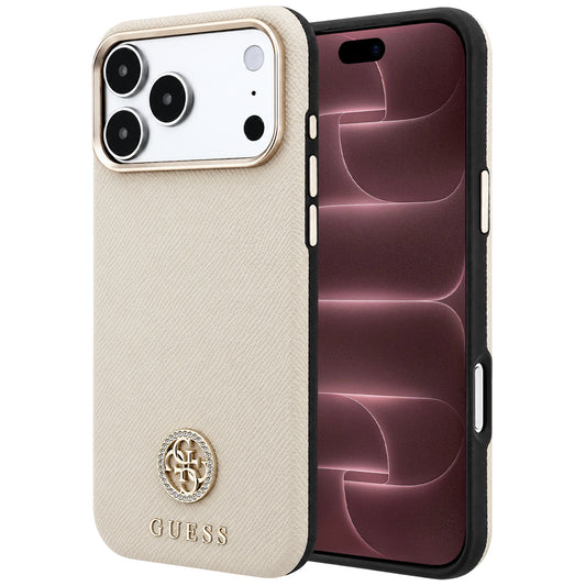 Θήκη MagSafe για Apple iPhone 18 Pro Max / 17 Pro Max, Guess, με στρογγυλό ανάγλυφο λογότυπο στρας, μπεζ
