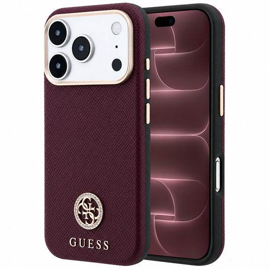 Θήκη MagSafe για Apple iPhone 18 Pro Max / 17 Pro Max, Guess, με στρογγυλό ανάγλυφο λογότυπο στρας, Βυσσινί