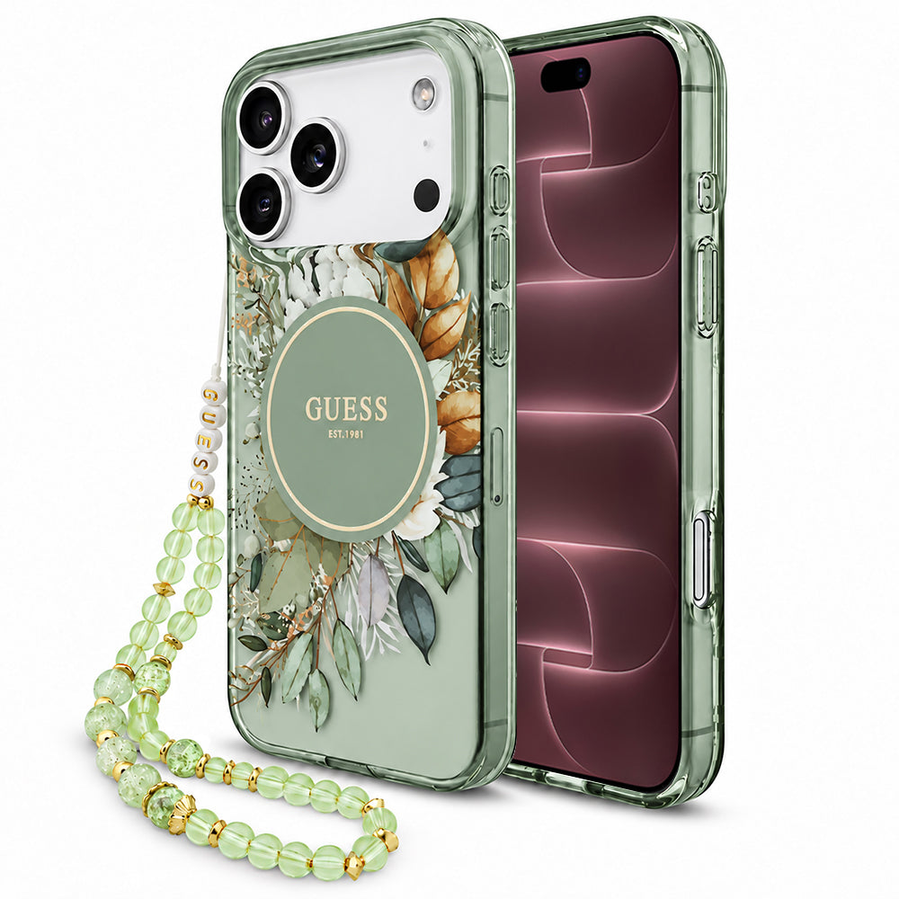 Θήκη MagSafe για Apple iPhone 18 Pro Max / 17 Pro Max, Guess, IML Flowers with Pearl Strap, Πράσινη