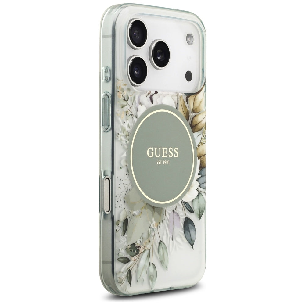 Θήκη MagSafe για Apple iPhone 18 Pro Max / 17 Pro Max, Guess, IML Flowers with Pearl Strap, Πράσινη