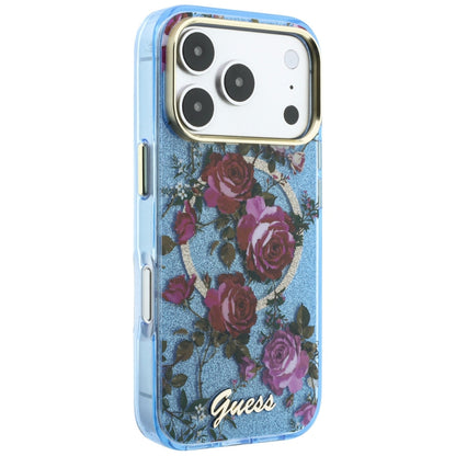 Θήκη MagSafe για Apple iPhone 18 Pro Max / 17 Pro Max, Guess, IML Glitter Blossom Roses, Bleu
