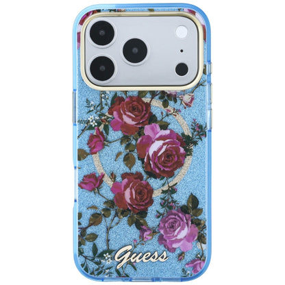 Θήκη MagSafe για Apple iPhone 18 Pro Max / 17 Pro Max, Guess, IML Glitter Blossom Roses, Bleu