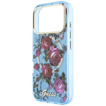 Θήκη MagSafe για Apple iPhone 18 Pro Max / 17 Pro Max, Guess, IML Glitter Blossom Roses, Bleu